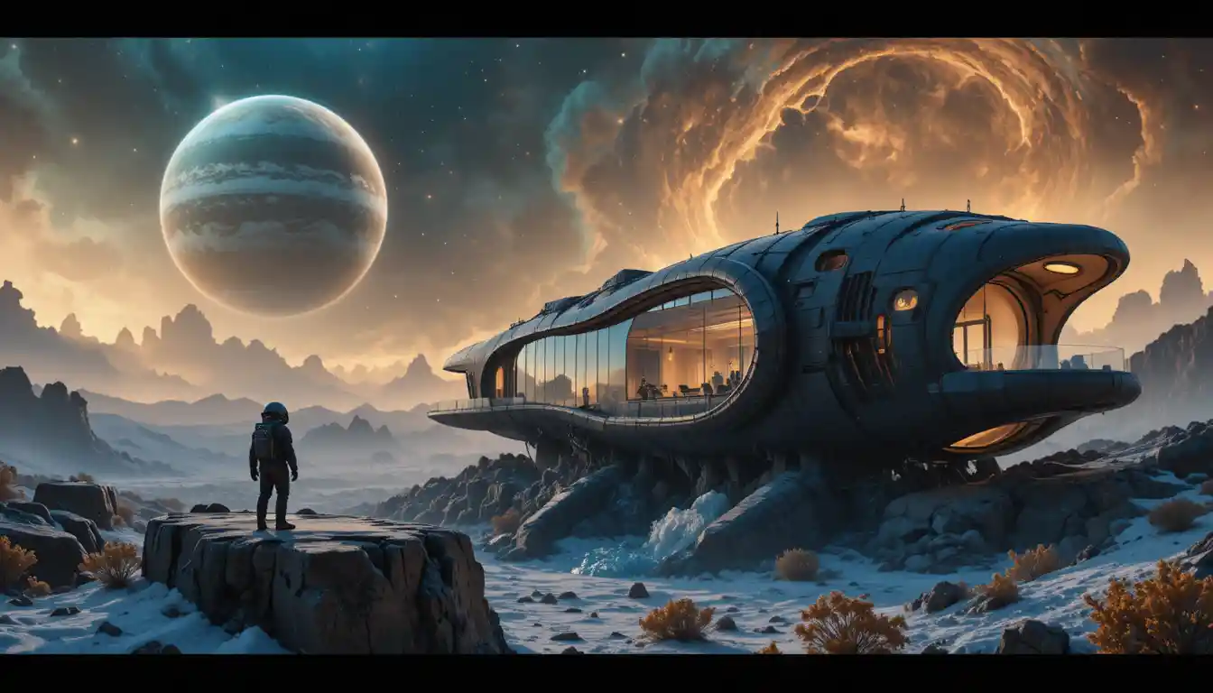 Lone astronaut in vast ancient spaceship interior