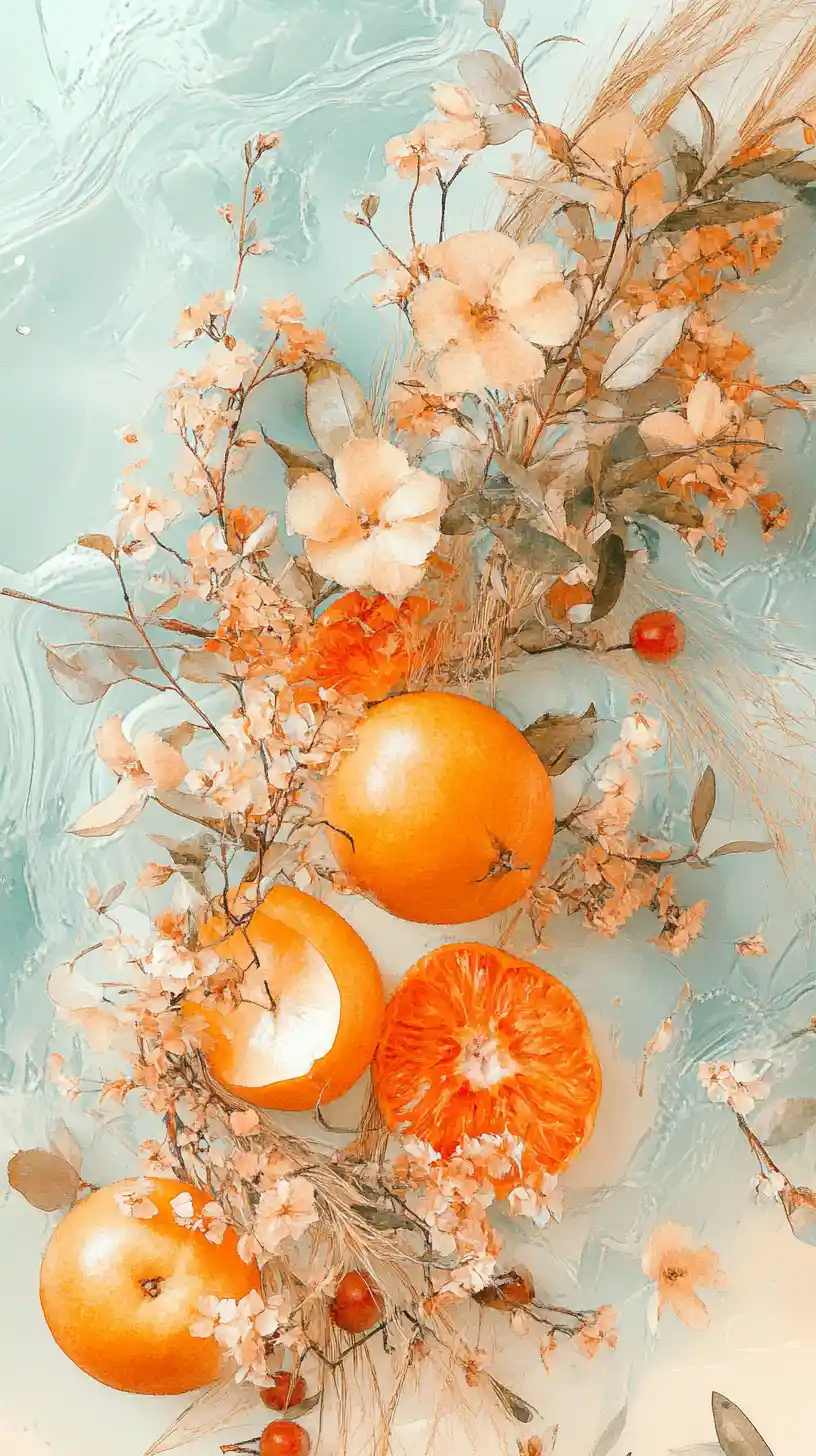 Watercolor still life with orange fruits and delicate blossoms
