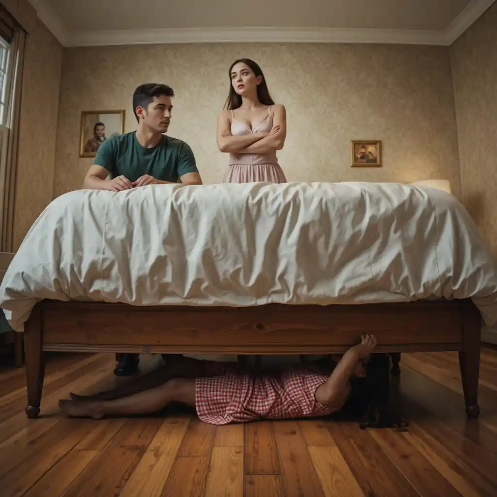 Man on bed facing shocked woman in modern bedroom