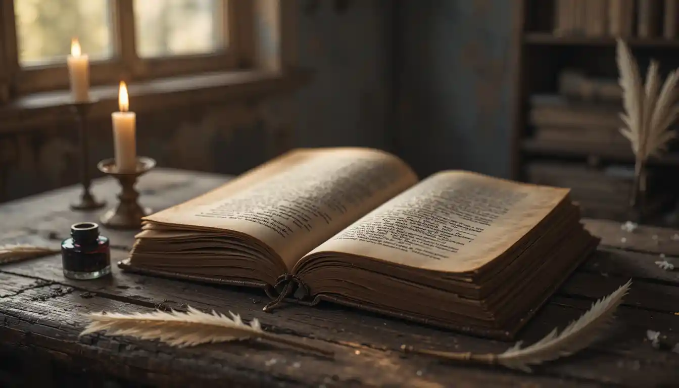 Antico libro aperto alla luce di una candela su tavolo rustico in legno