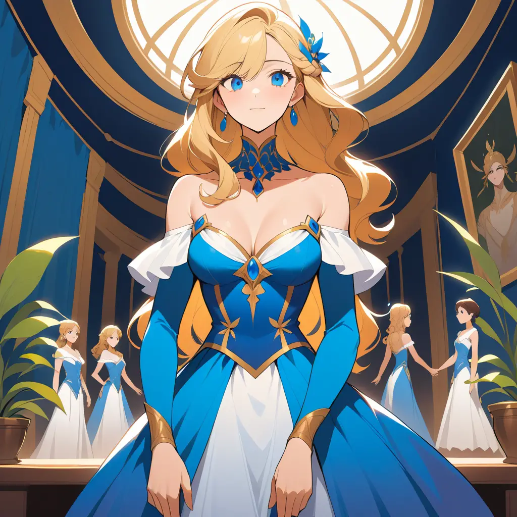 Elegant woman in blue gown on grand interior staircase