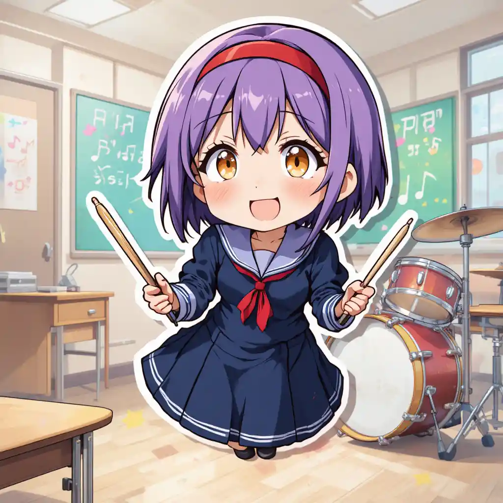 Playful anime drummer girl in chibi classroom scene
