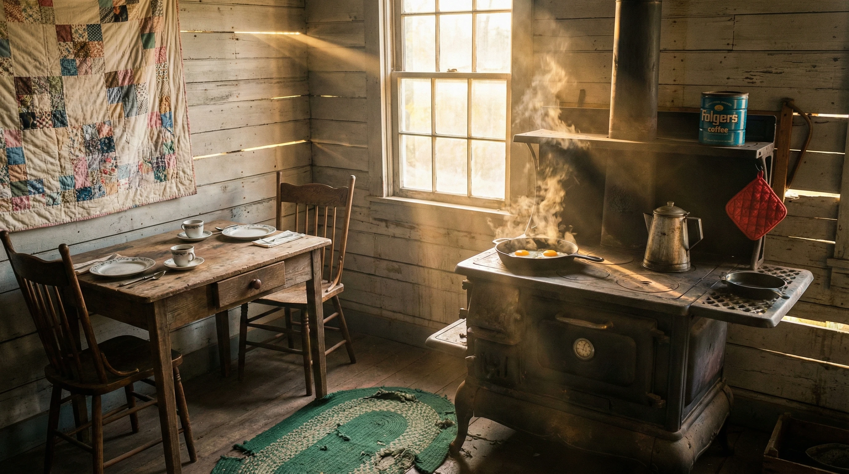 Cozy Old Farmhouse Kitchen With Sunlit Wooden Table