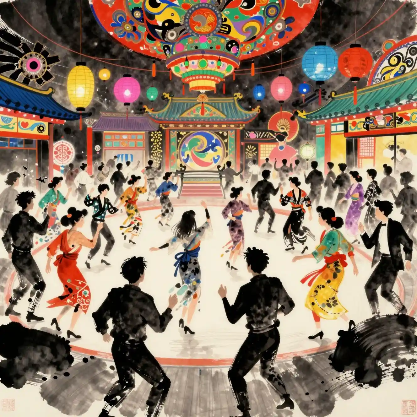 Joyful dancing crowd on a colorful festival dance floor
