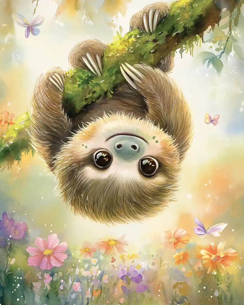 Watercolor baby sloth hanging above a sunny flower meadow