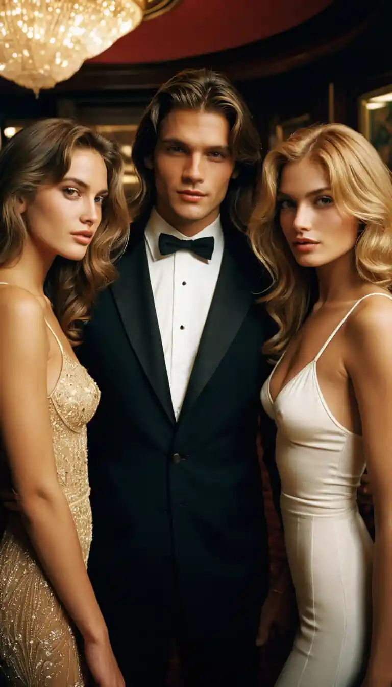 Elegante ritratto in club di un uomo che bacia due donne