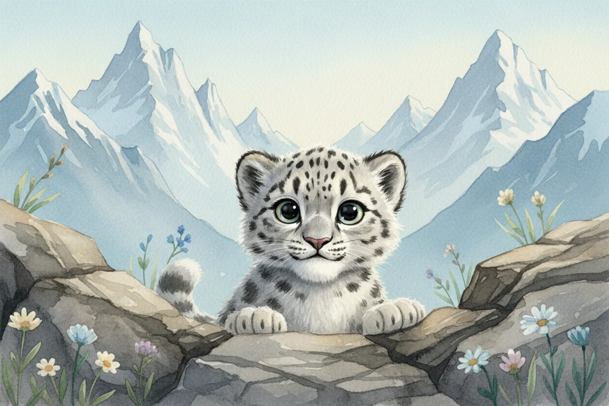 Cachorro de leopardo de las nieves asomándose entre rocas en pradera alpina