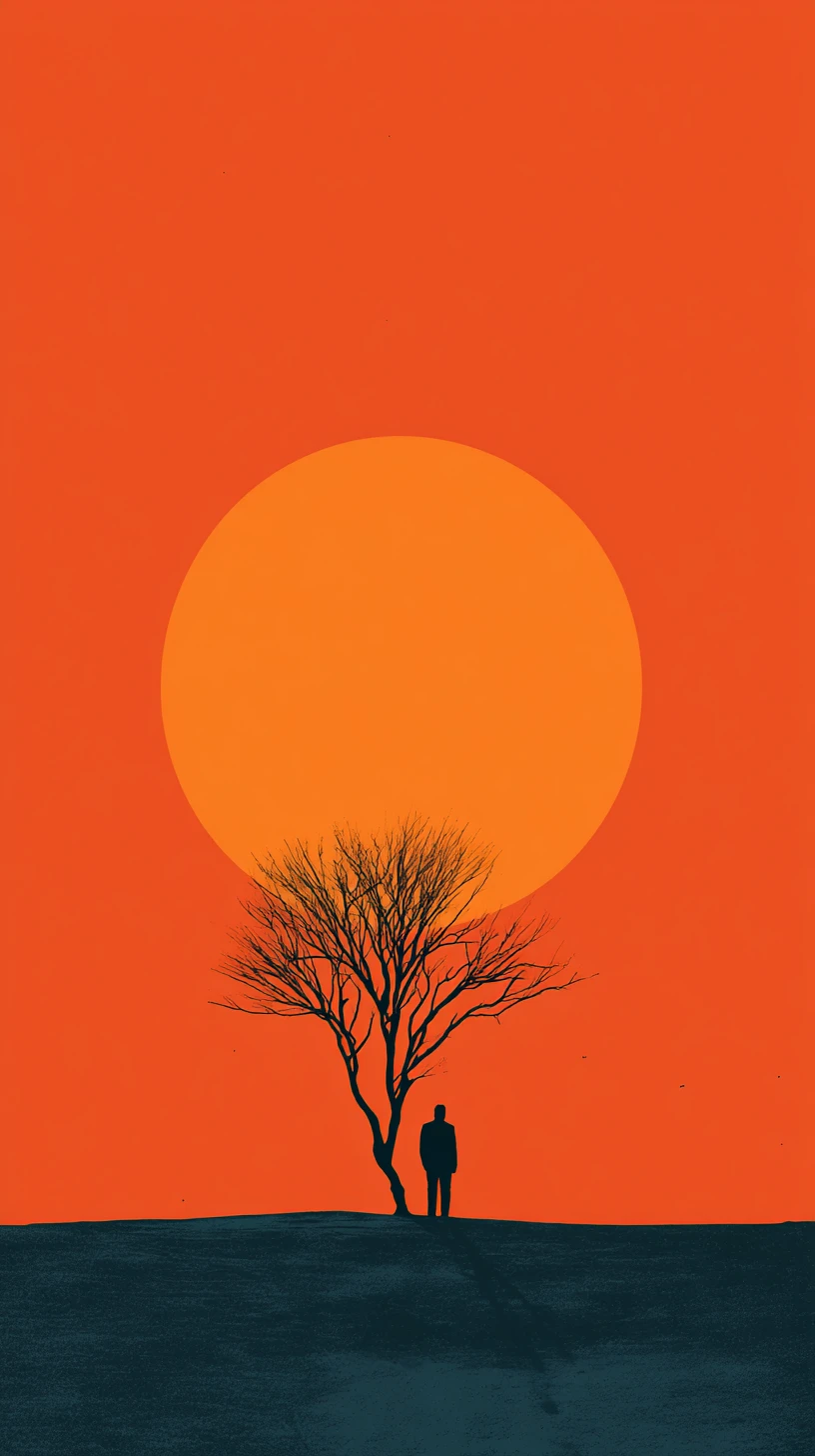 Silhouette minimalista sotto un albero spoglio al tramonto