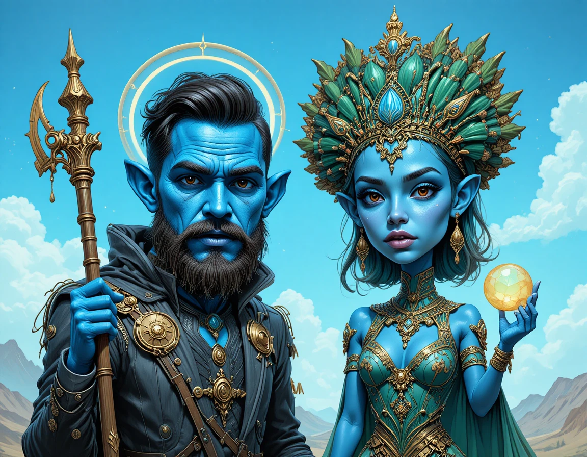 Duo dalla pelle blu con bastone aureola e orbe luminoso