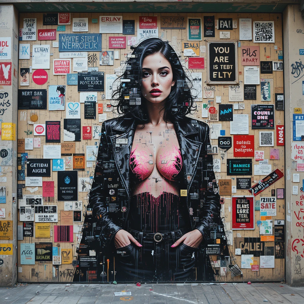 Glitch street mural of a fragmented femme fatale figure