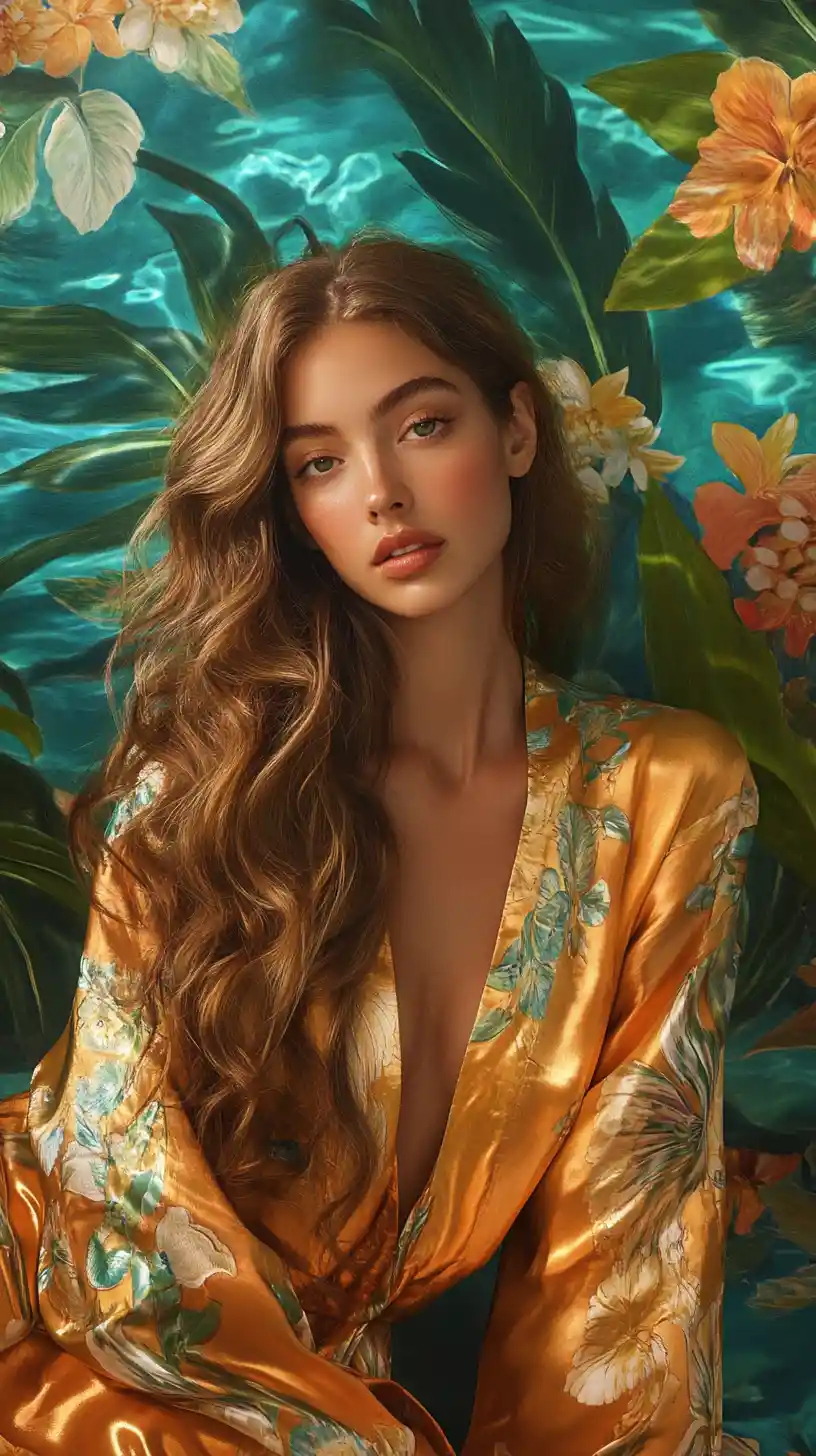 Woman in silky robe by tropical water and floral wall