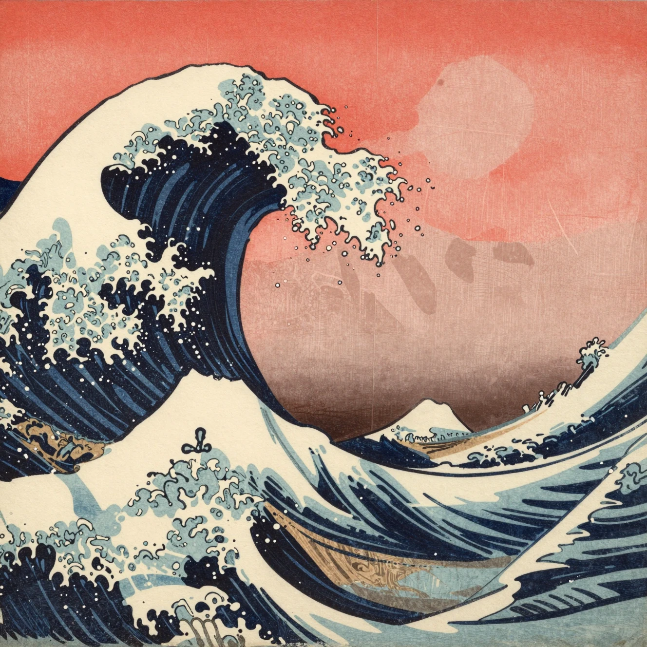 Paisaje marino ukiyo-e tradicional con olas dramáticas rompiendo