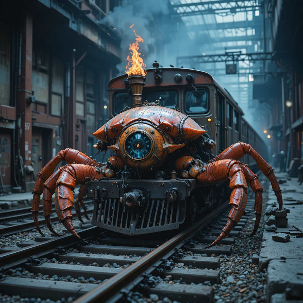 Monstruo Cangrejo Zombi Surreal Acechando por las Vías del Tren