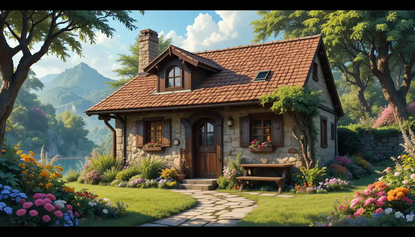 Cozy rustic country house in a lush flower garden