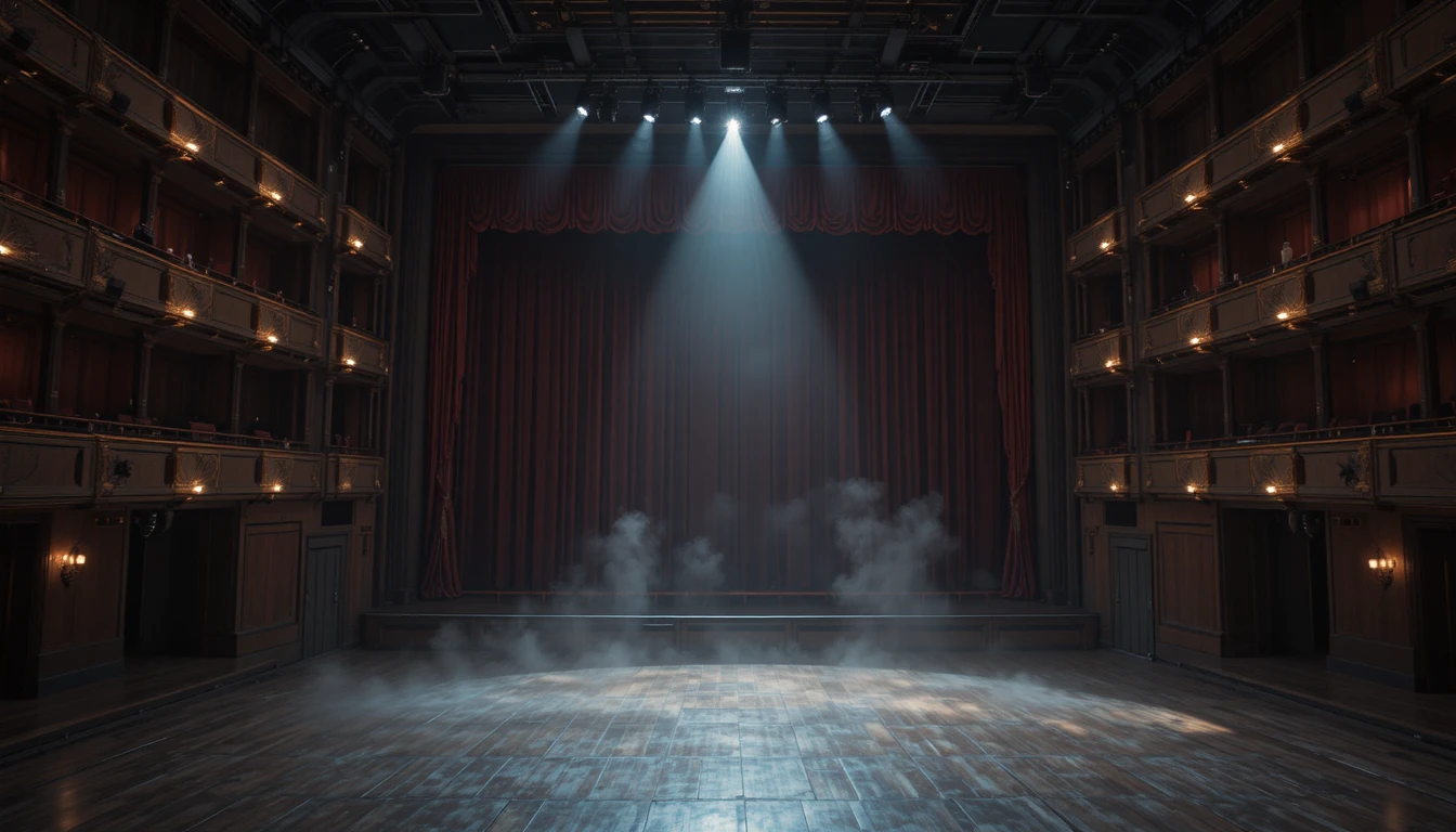 Empty theatre hall with closed curtains and single spotlight
