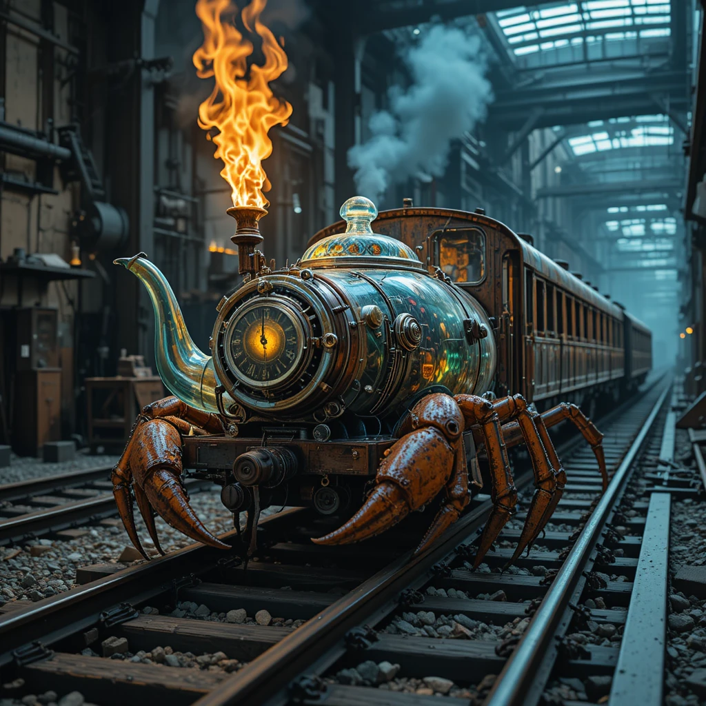 Híbrido de cangrejo zombi caminando por las vías del tren de noche