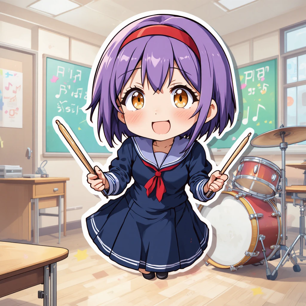 Playful anime drummer girl in chibi classroom scene