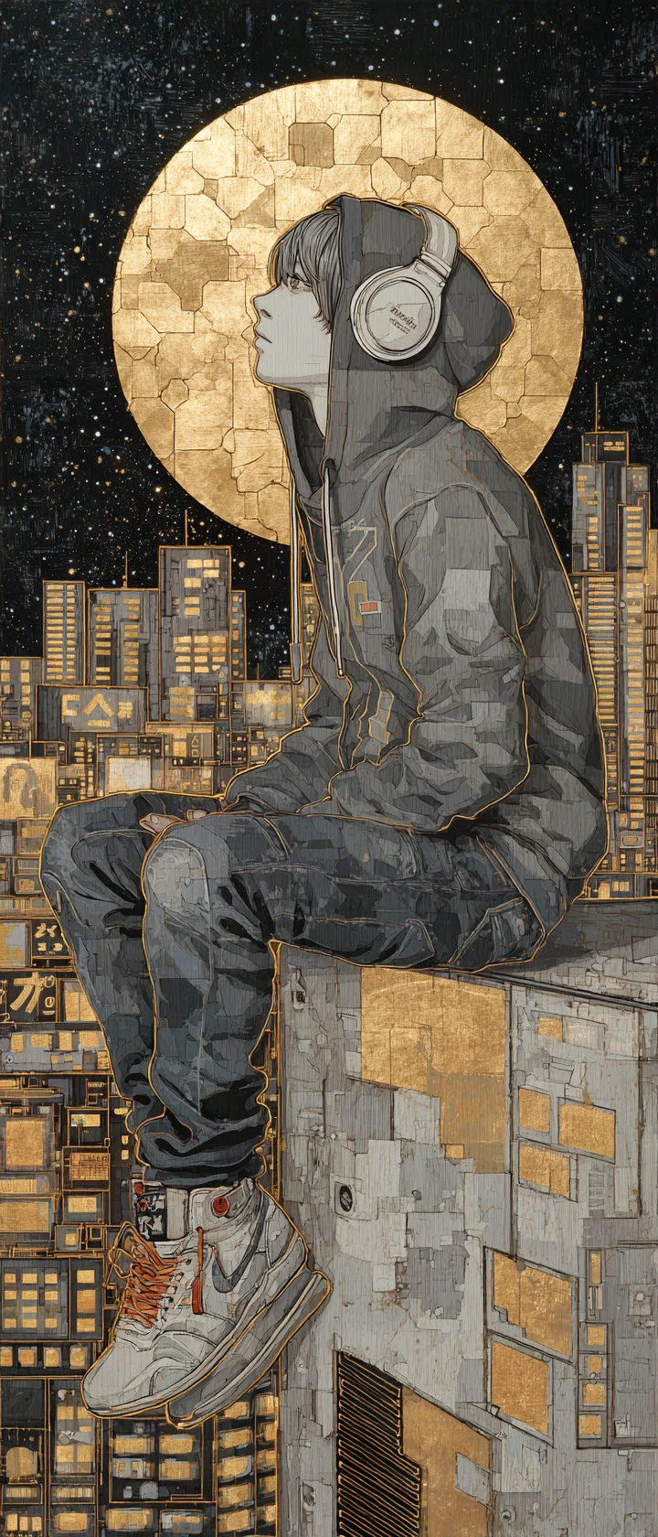 Young man on rooftop above glowing city at night