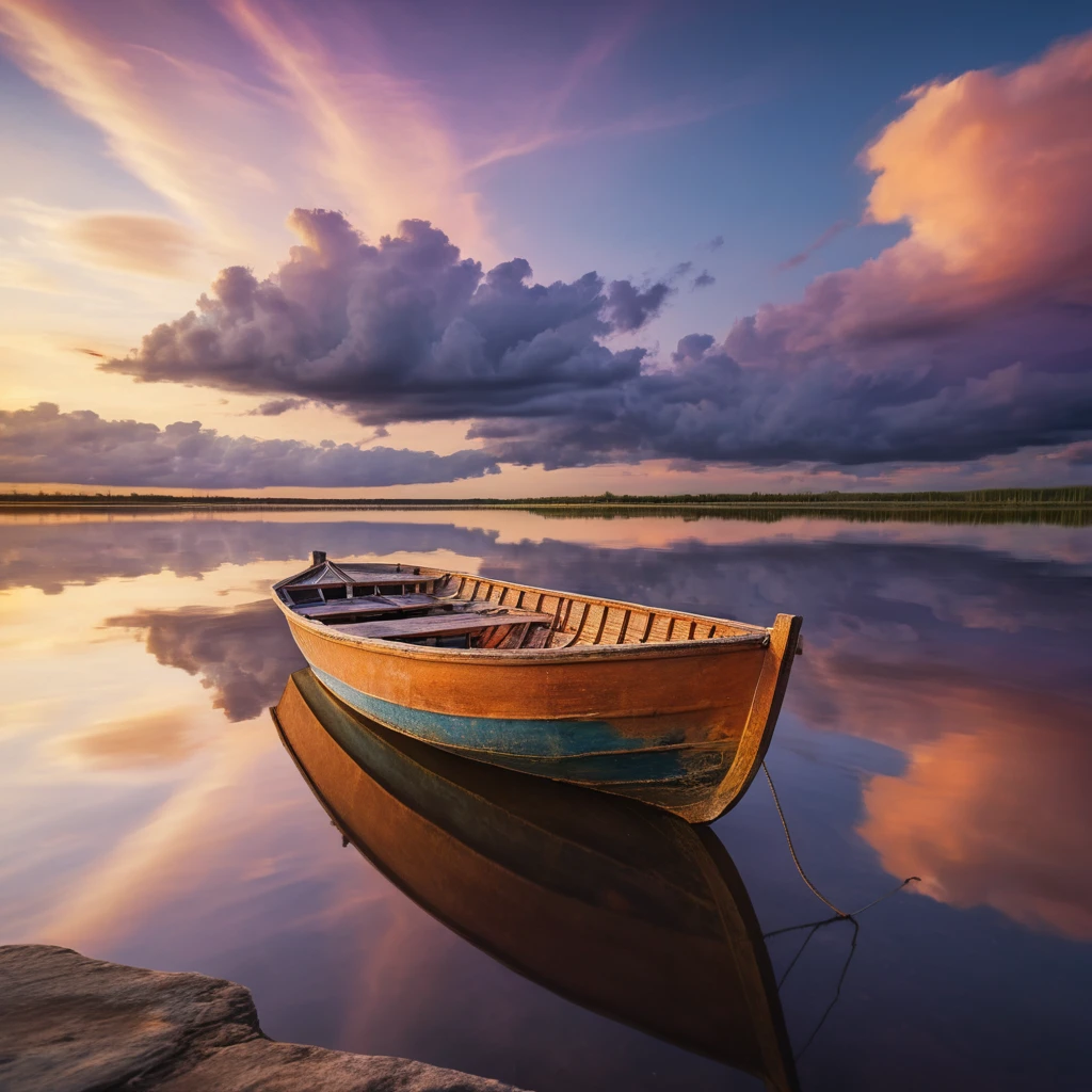 Solitary wooden boat on calm river at colorful sunset