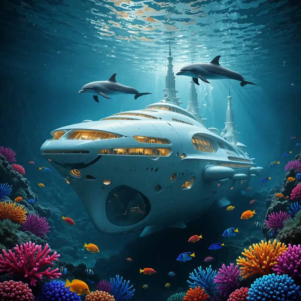 Colorful coral reef with dolphins at the water surface