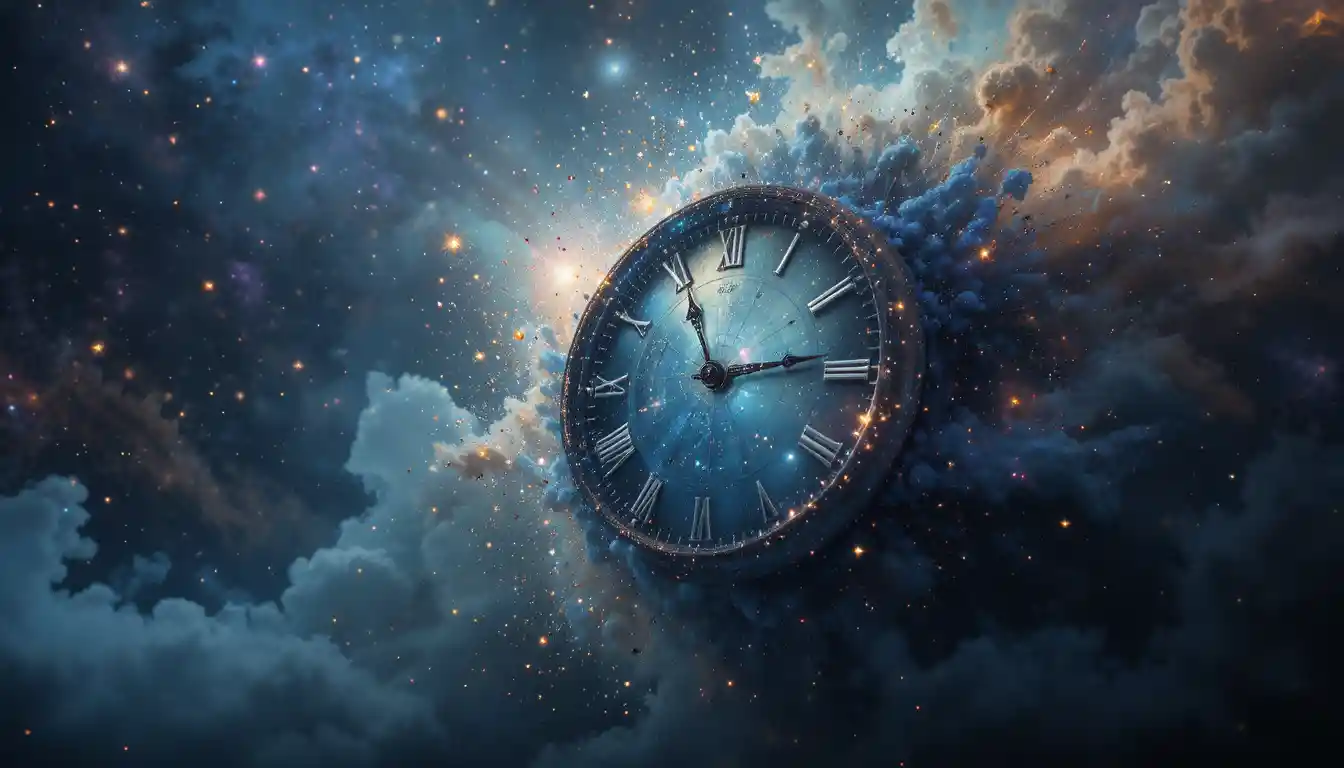 Surrealistische Uhr, die sich in eine Nebelwolke aus kosmischem Sternenstaub auflöst