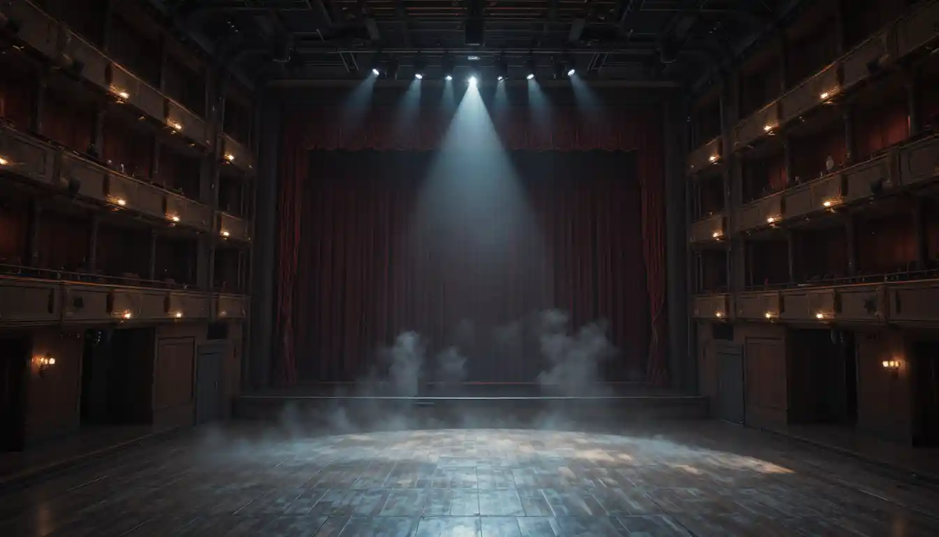 Sala de teatro vacía con telón cerrado y un solo foco