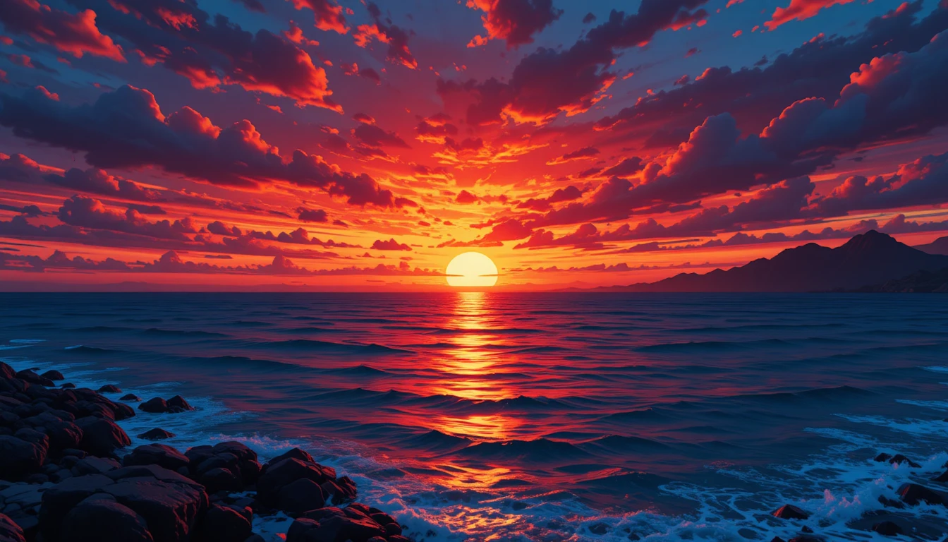 Leuchtender hawaiianischer Sonnenuntergang über dunkelblauen Küstengewässern