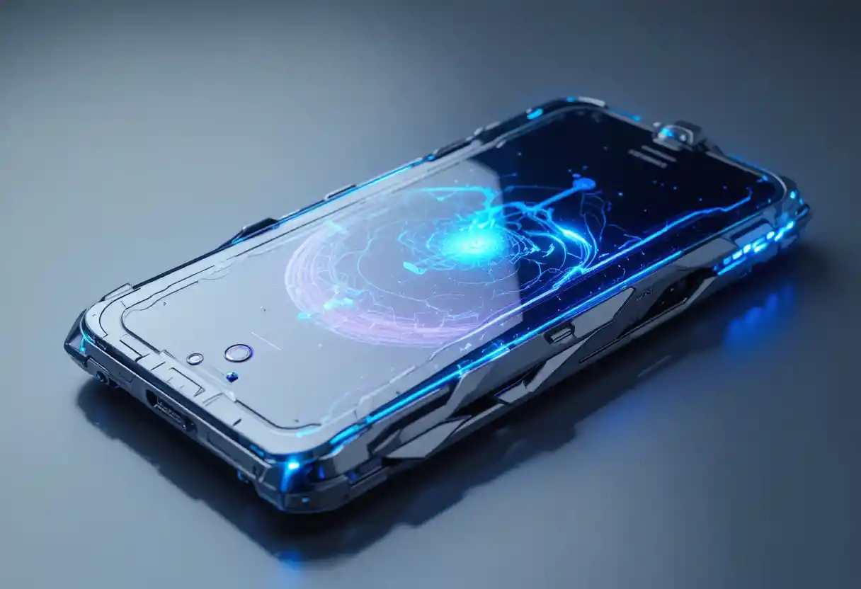 Futuristisches Smartphone mit holografischem neonschwarzem Display