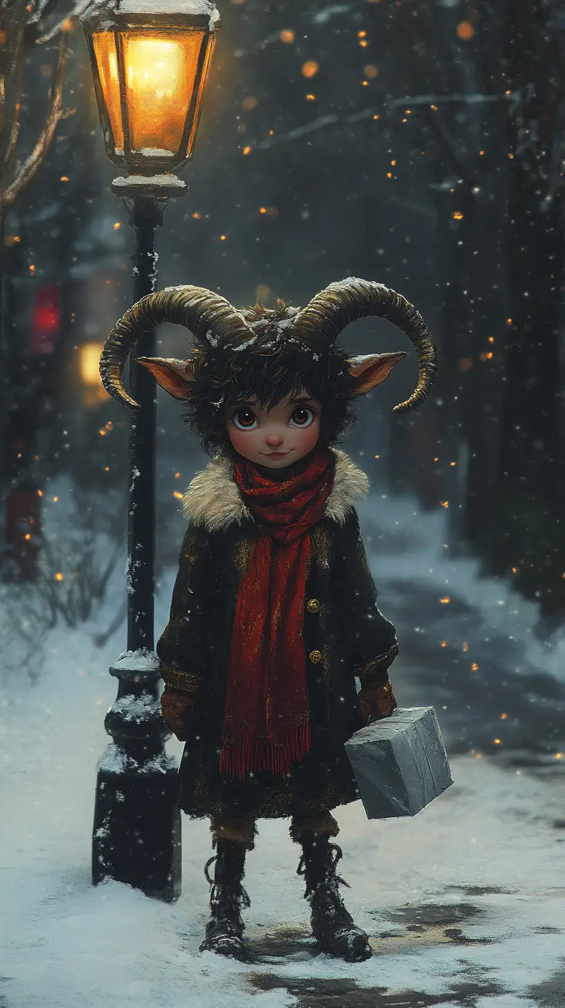 Satyr in red scarf beneath lamppost in snowy forest