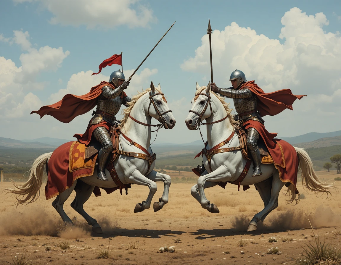 Cavalieri medievali in giostra con una drammatica carica frontale