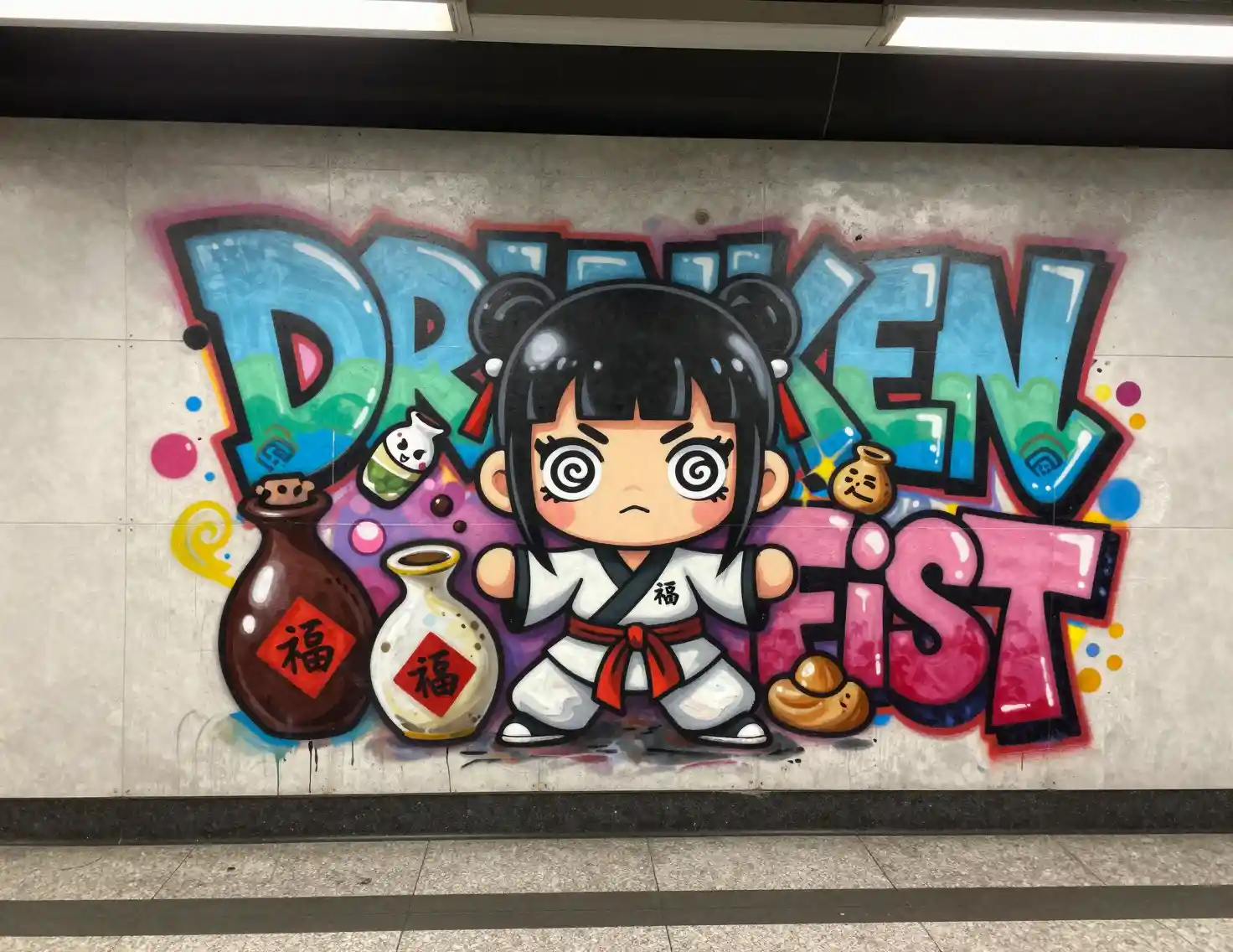Playful chibi graffiti girl on urban subway wall