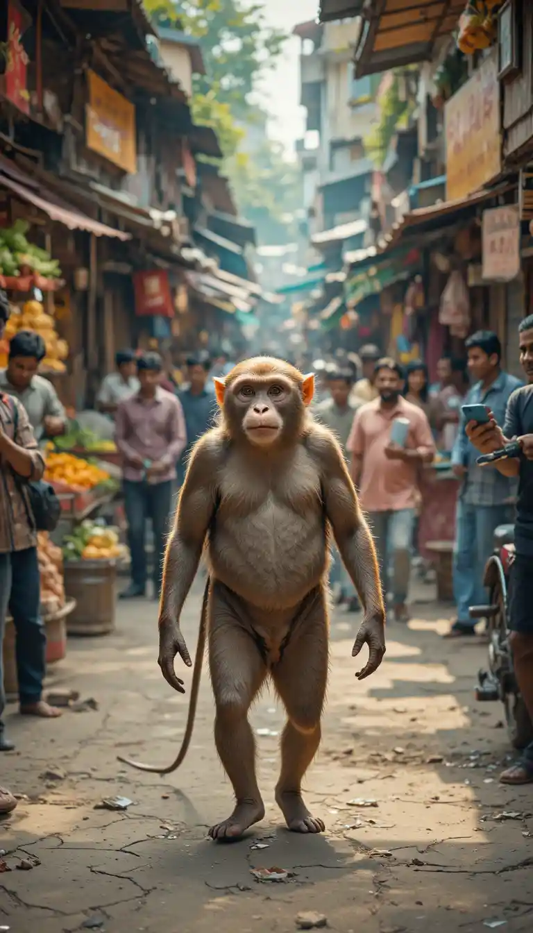 Macaco Andando Ereto em Mercado de Rua Movimentado na Índia