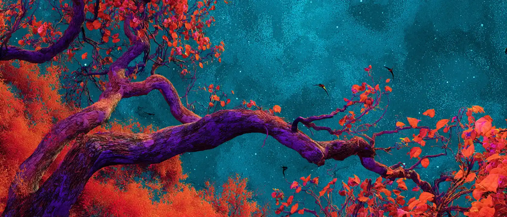 Freudige surreale Meereslandschaft in leuchtendem Orange und Indigo