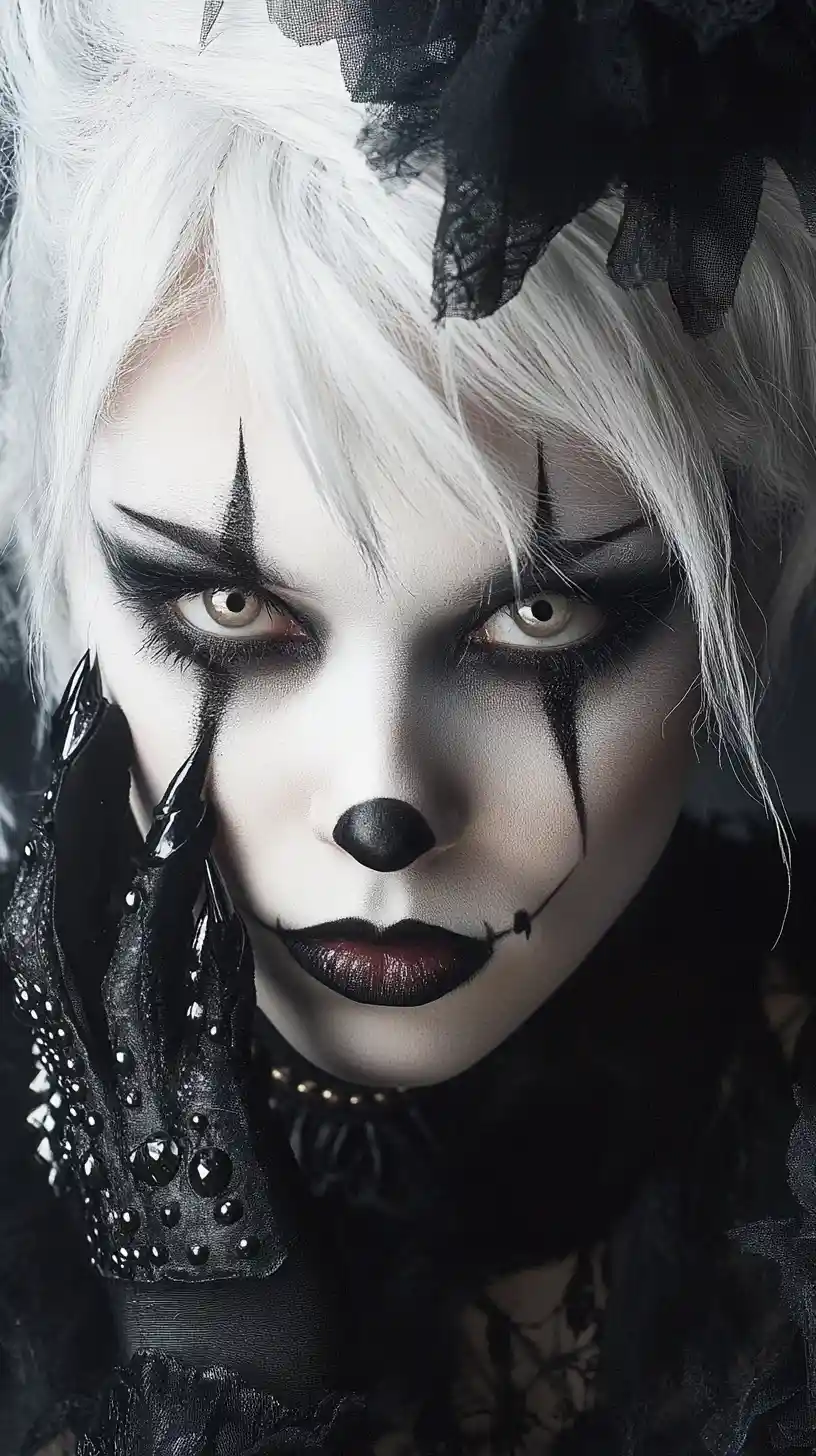 Porträt einer Gothic-Clownfrau mit Nietenhandschuhen und Halskrause