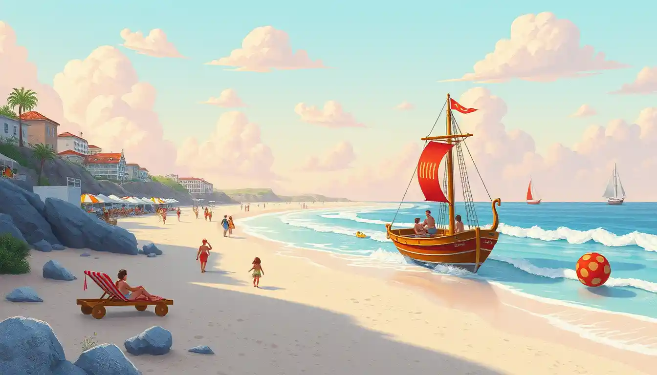 充滿童趣的 3D 海灘場景，有船隻與度假遊客