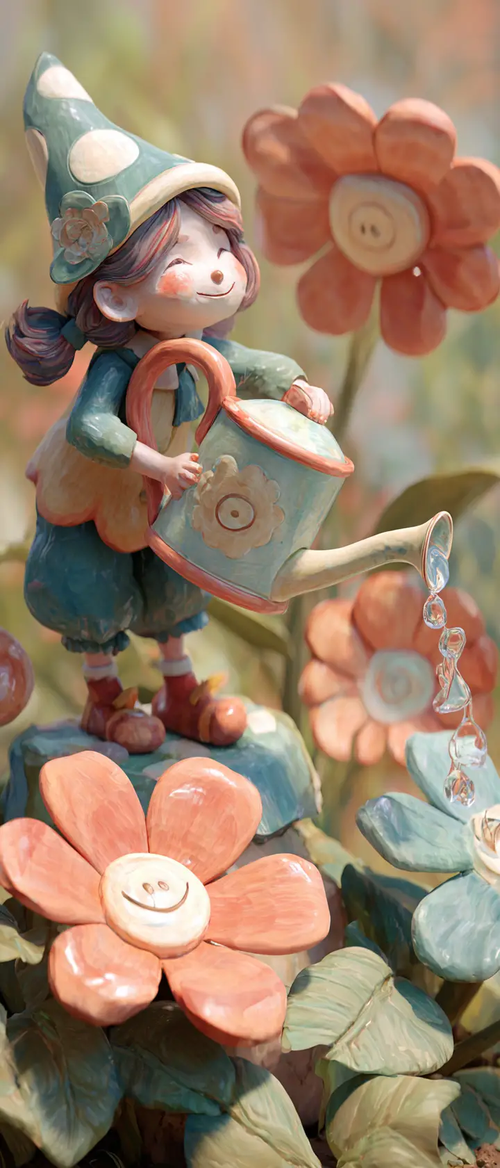 Claymation anime girl watering smiling flowers in garden
