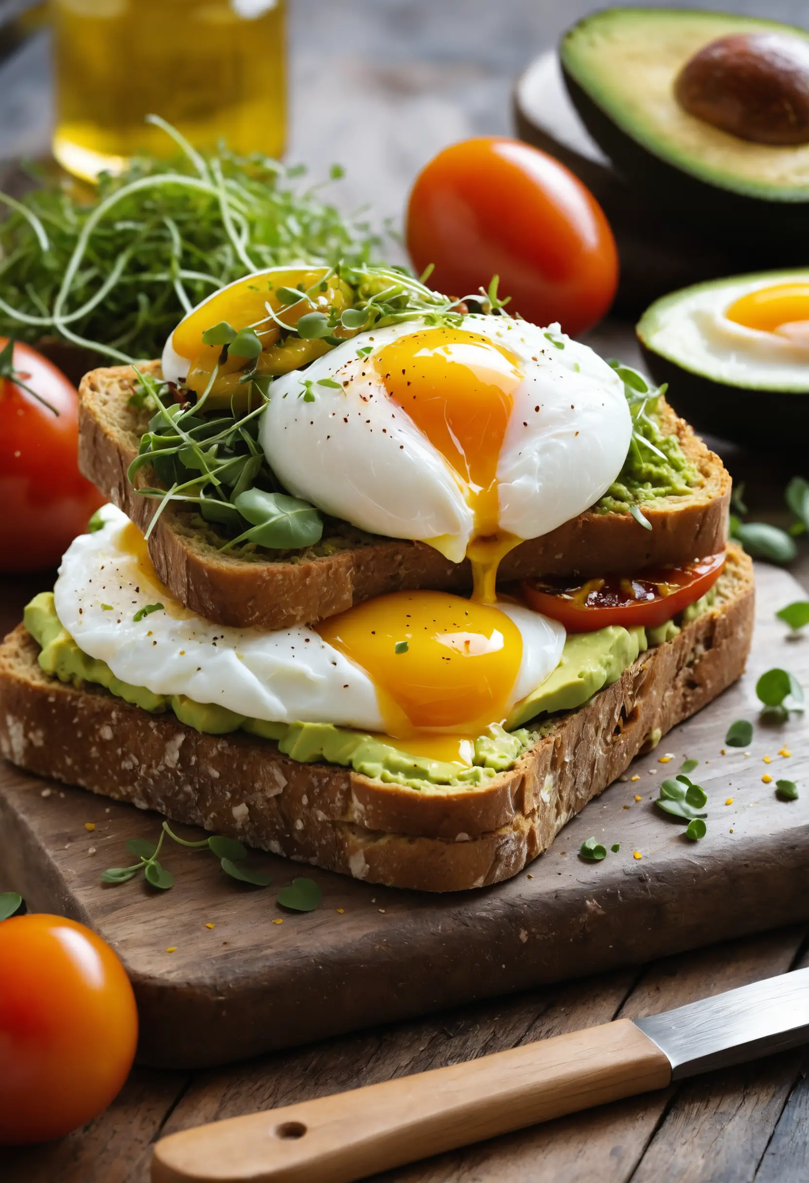 Avocado toast breakfast with poached eggs in warm sunlight