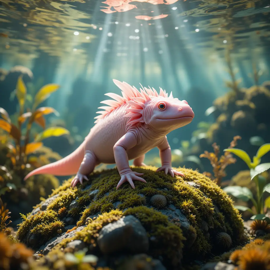 Axolotl rosa su roccia muschiosa in un lago d’acqua dolce cristallina