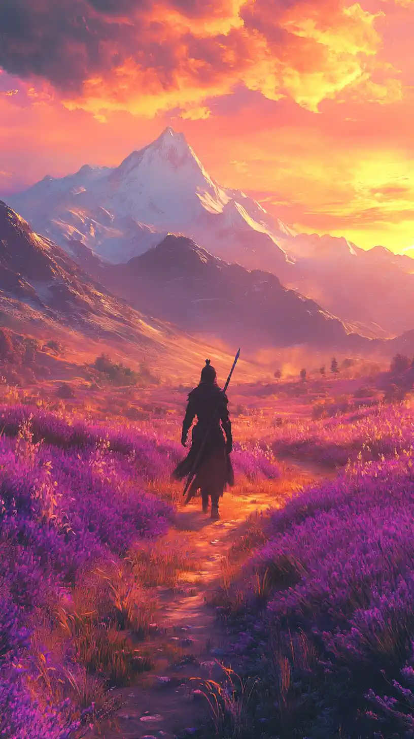 Lone warrior walking through lavender field at sunset