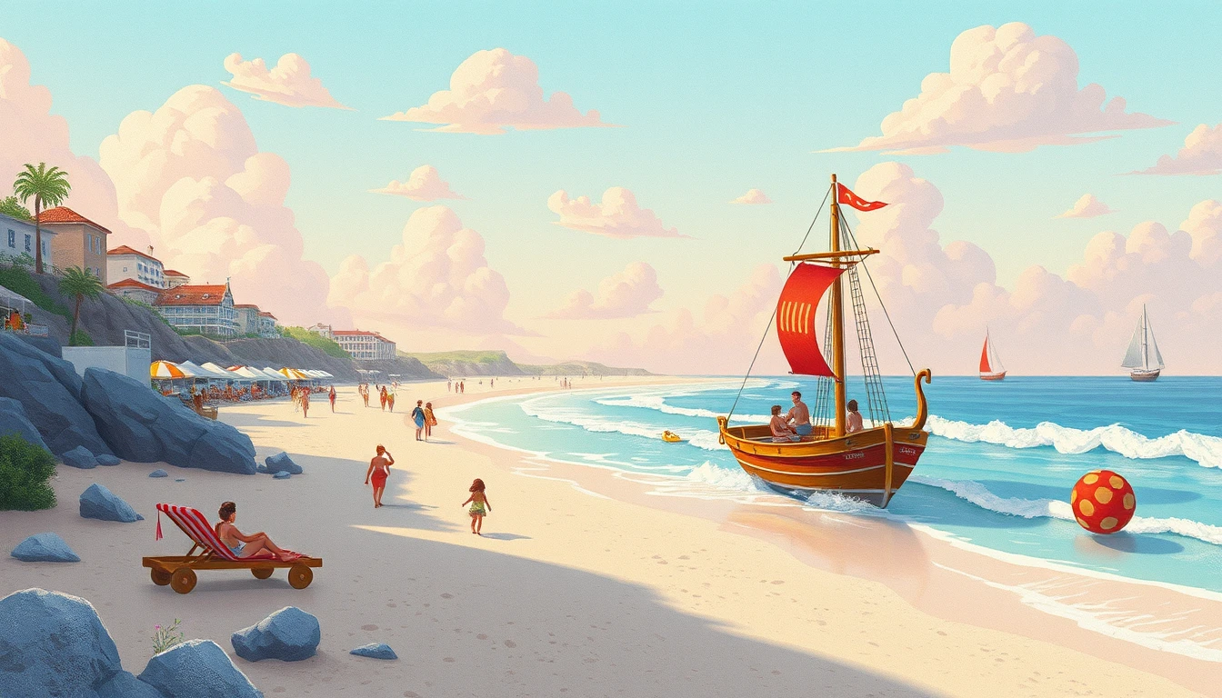 充滿童趣的 3D 海灘場景，有船隻與度假遊客