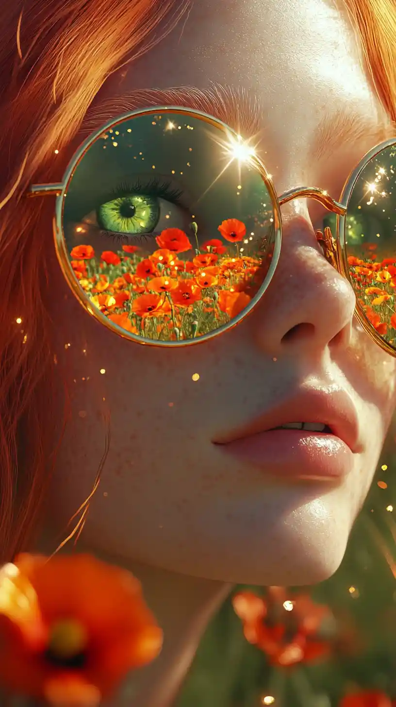 Anime-Mädchen mit floralen Spiegelungen in goldener Brille