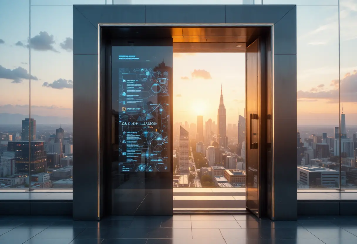 Futuristic city revealed through a glowing metallic doorway