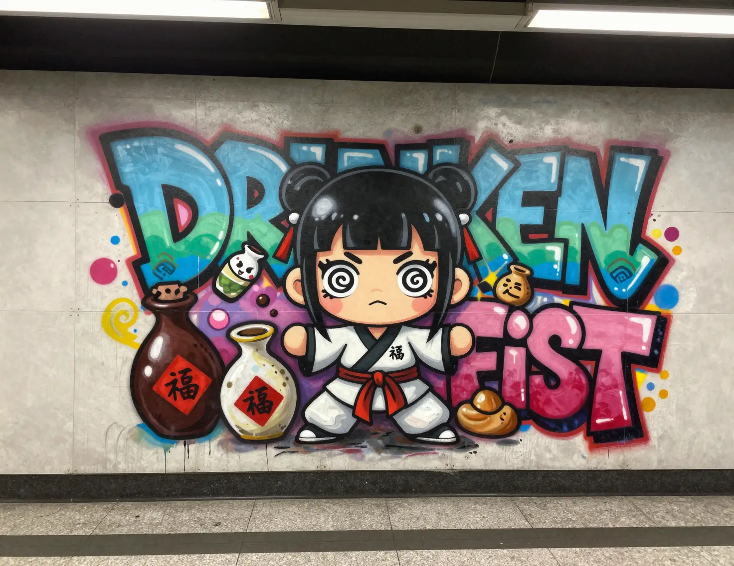 Playful chibi graffiti girl on urban subway wall