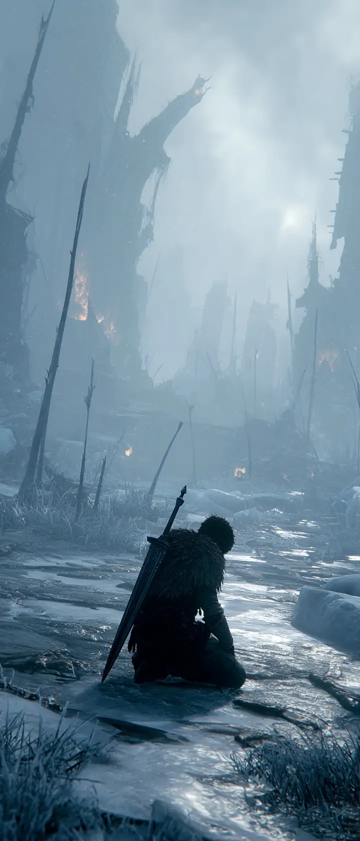 Exhausted Warrior Kneeling Alone In A Foggy Battlefield