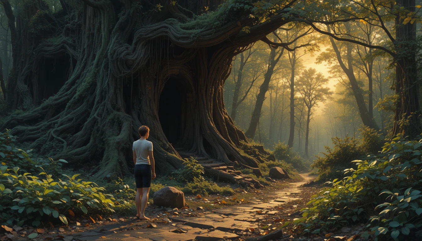 Figura solitaria que abandona un antiguo bosque al atardecer