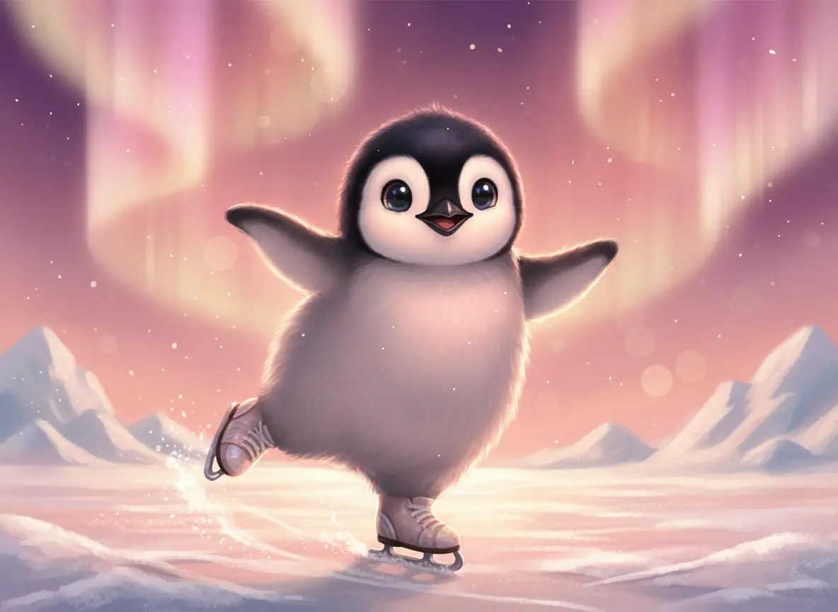 Joyful Baby Penguin Dancing On Shell Ice Skates
