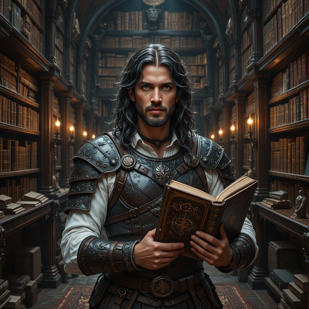 Krieger liest ein altes Buch in mittelalterlicher Bibliothek