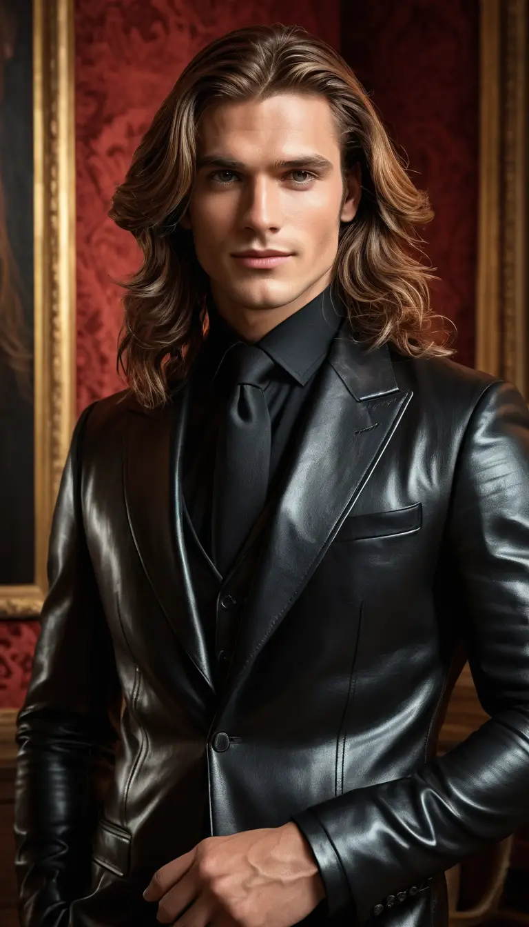 Confident young man in black leather suit at manor