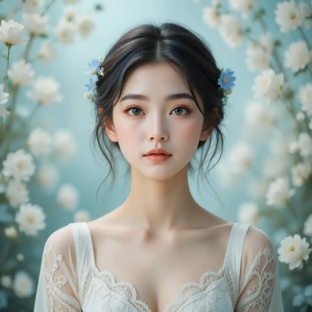 年輕亞洲女子與藍色花朵的柔和浪漫肖像