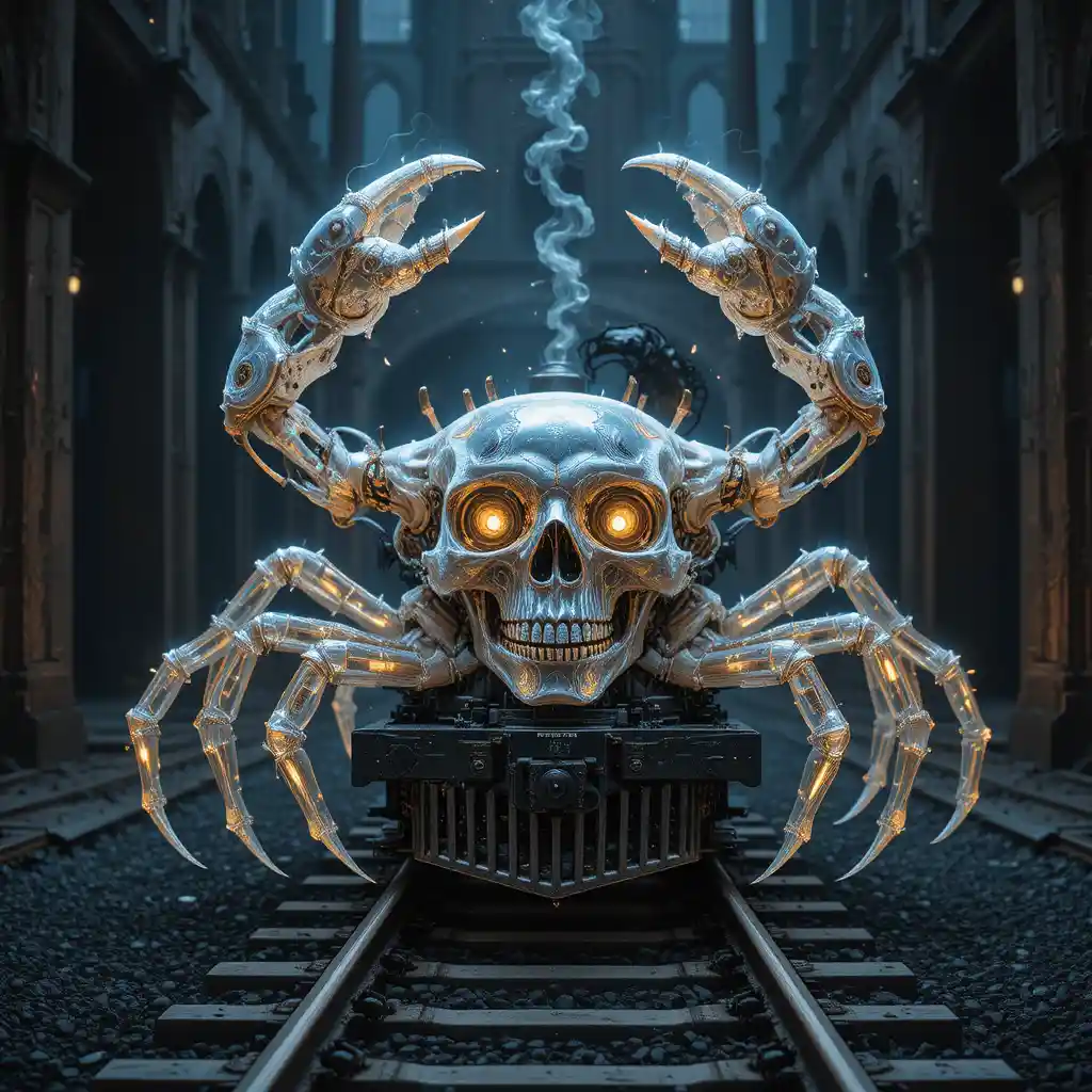 Criatura híbrida de calavera en los ardientes portales del ferrocarril del infierno